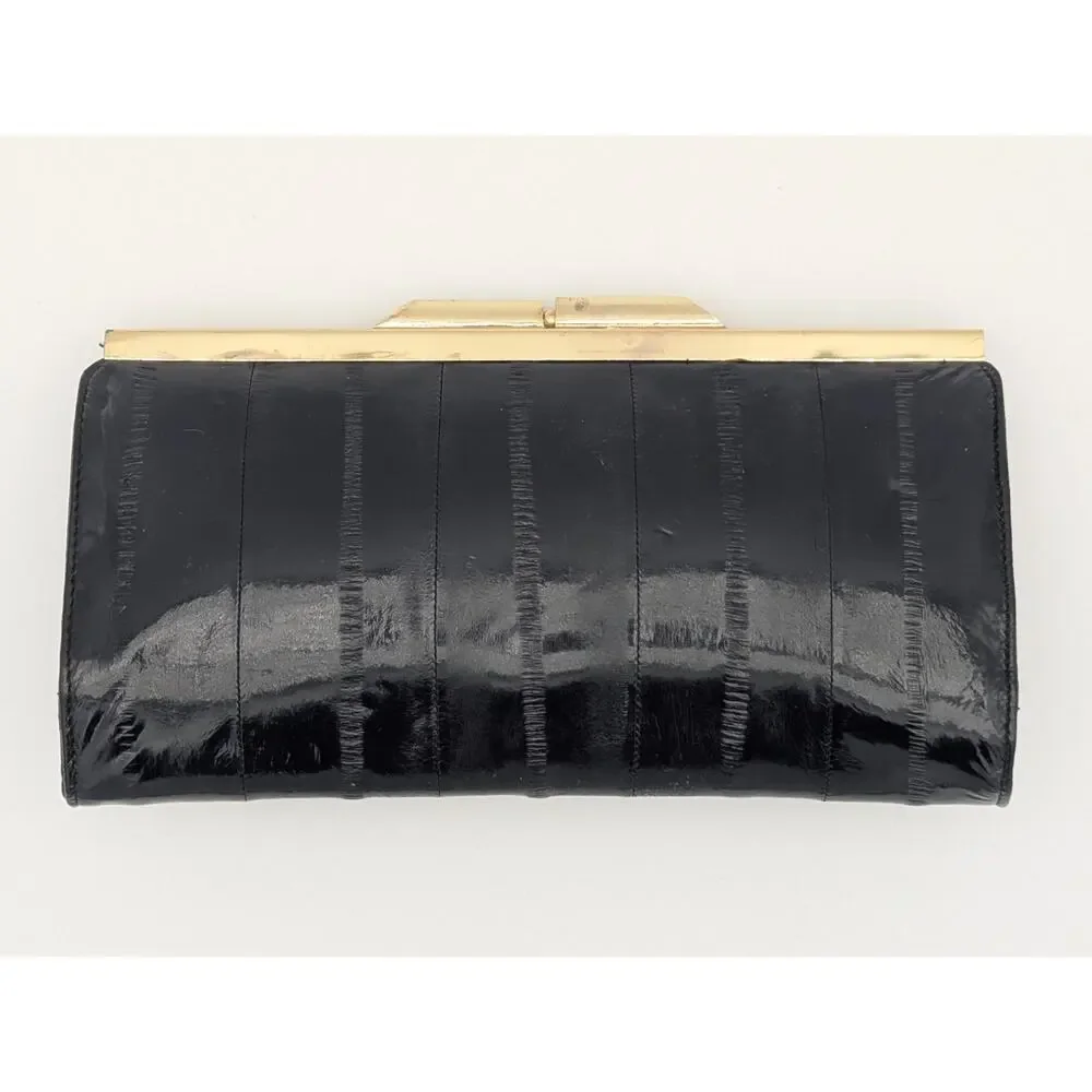 💜Vintage 1980s Black Genuine Eel Skin Kiss-Lock Clutch Wallet